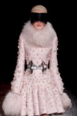 Alexander McQueen Fall 2012 Short Leather Pleated Dress with Floral Appliques and Endowed with Mongolian Lamb Fur Collar and Sleeves