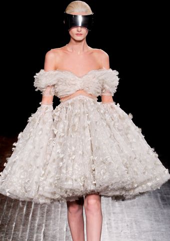 Alexander McQueen Fall 2012 Off-The-Shoulder Dress with Organza Bodice and Fan Appliique Skirt - Lyst