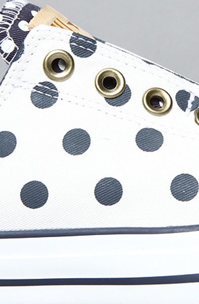 navy blue and white polka dot converse