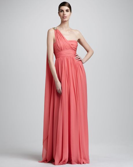 Notte By Marchesa Oneshoulder Ruched Chiffon Gown in Pink (coral) - Lyst