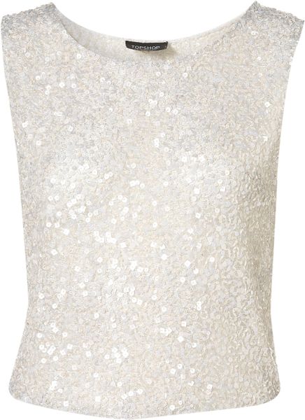 Topshop Premium Sequin Shell Top in White - Lyst