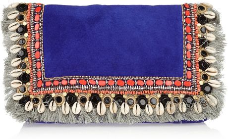 Matthew Williamson Embellished Fringed Suede Clutch in Blue - Lyst