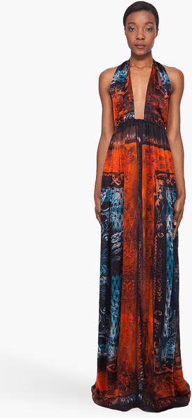 Balmain Long Printed Silk Dress in Multicolor (orange) - Lyst