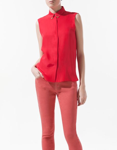 zara red silk shirt