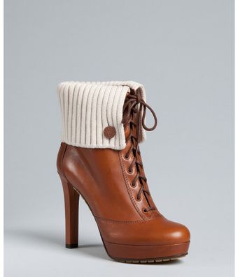  Brown Leather Rib Knit Trim Lara Platform Booties 