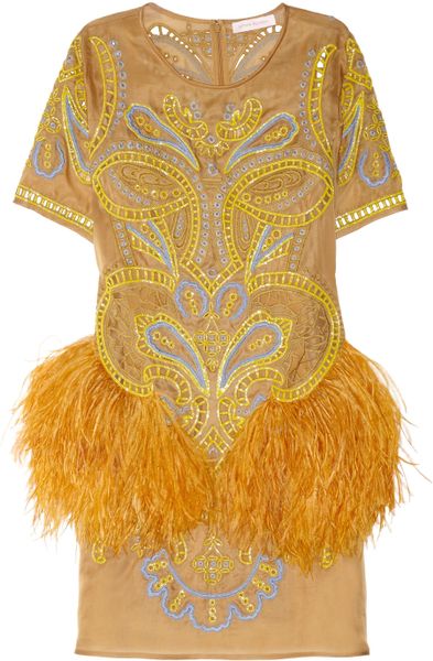 Matthew Williamson Embroidered Feathertrimmed Silkorganza Dress in Yellow - Lyst
