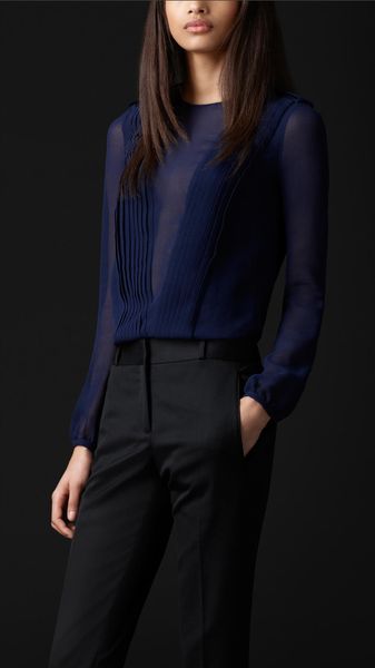 Burberry Prorsum Pleat Detail Silk Top in Blue (deep indigo) - Lyst
