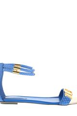 Sergio Rossi Flat Sandals in Blue Python with Decorative Bars and Buckles 