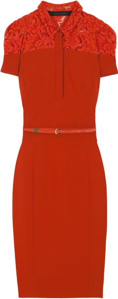 Elie Saab Lace Jersey Tailored Shirt Dress in Red (orange) - Lyst