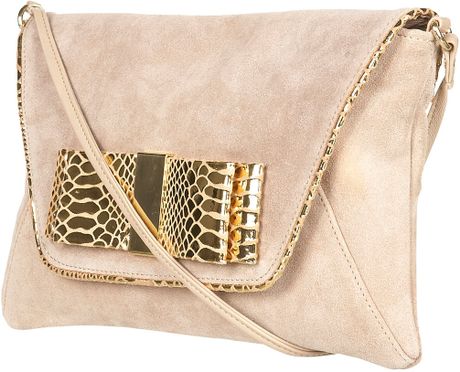 Topshop Natural Suede Bow Clutch in Beige (natural) - Lyst