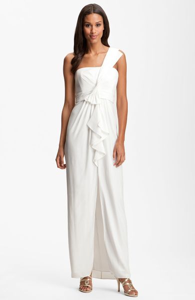 Bcbgmaxazria Ruffle Front One Shoulder Satin Gown in White - Lyst