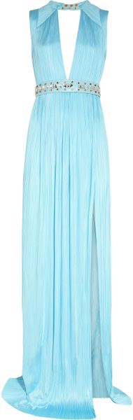 Versace Leather Trimmed Pleated Satin Jersey Gown in Blue - Lyst