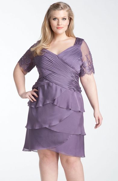 Adrianna Papell Lace Sleeve Tiered Chiffon Sheath Dress in Purple (violet) - Lyst