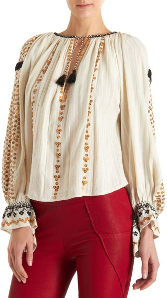 Isabel Marant Sequin Sleeve Blouse in Beige - Lyst