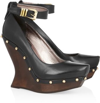  Studded Leather and Wooden Wedge Pumps 