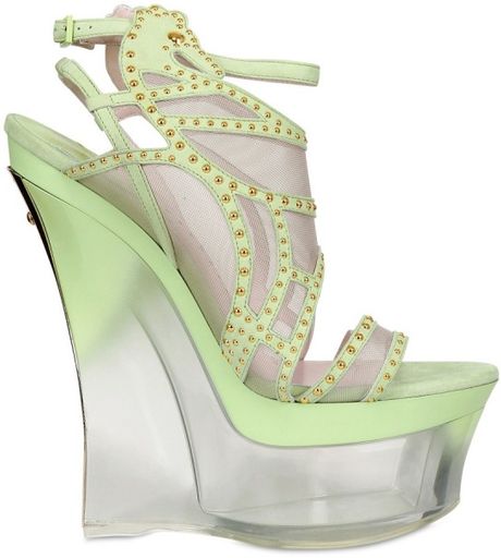 Versace 160mm Studded Suede and Mesh Wedges in Green - Lyst