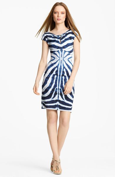 Roberto Cavalli Twist Neck Jersey Dress in Blue (blue white) - Lyst