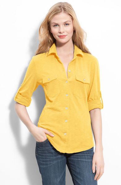 Sandra Ingrish Roll Sleeve Knit Shirt in Yellow (limon) - Lyst