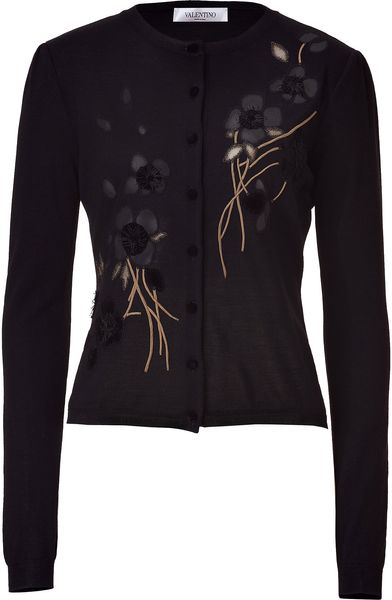 Valentino Floral Wool Cardigan in Black - Lyst