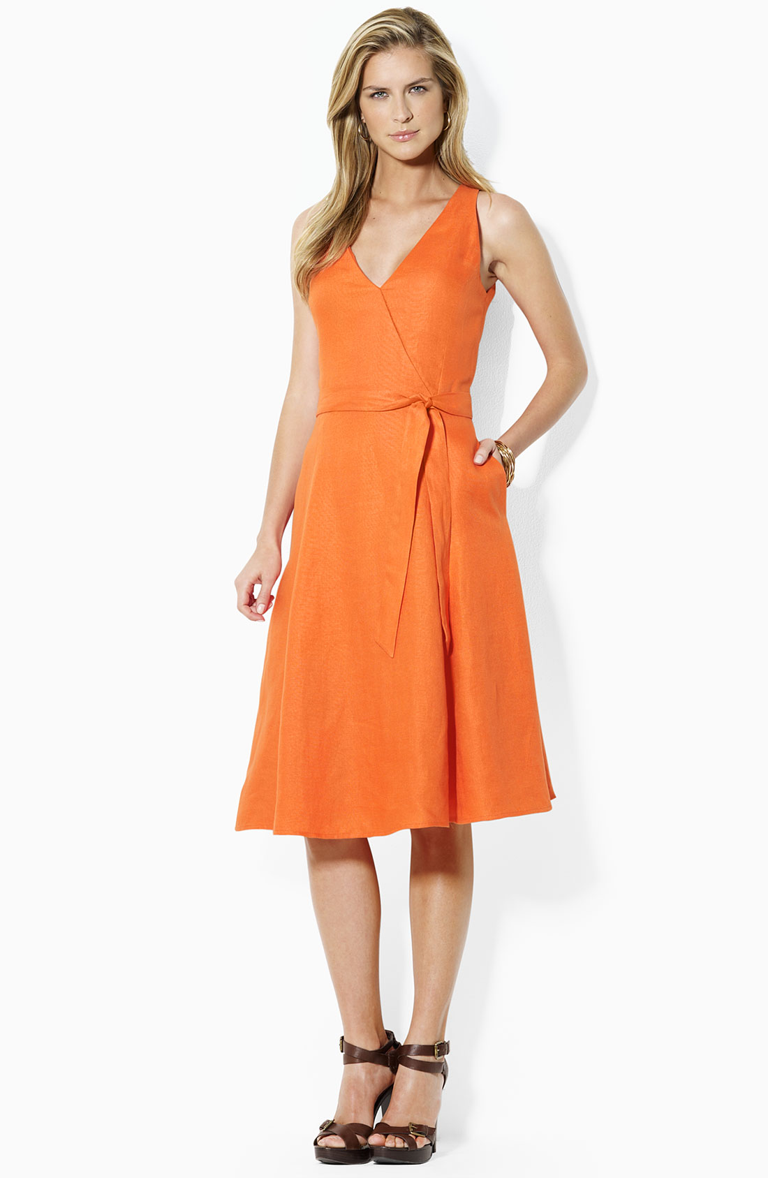 Lauren By Ralph Lauren Faux Wrap Linen Dress In Orange Palm Beach