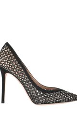Valentino Net Pumps with Black Leather Embroidery and Swarovski Crystals