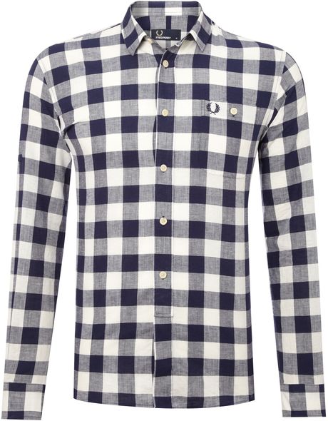 Fred Perry Long Sleeve Linen Gingham Shirt in Blue for Men (navy) - Lyst