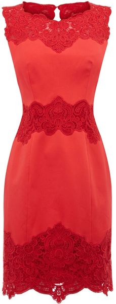 Karen Millen Heavy Cotton Lace Collection Dress in Red (coral) - Lyst