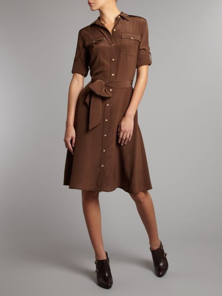 Lauren By Ralph Lauren Silk Shirt Dress in Brown | Lyst