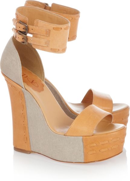 Red Valentino Leather and Canvas Wedge Sandals in Brown (camel) - Lyst
