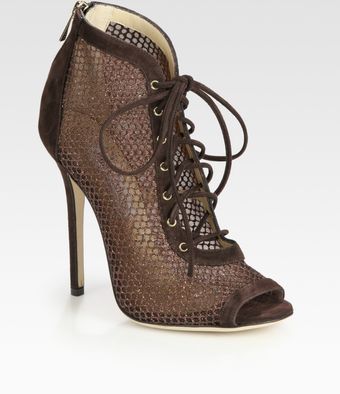  Tegan Laceup Suede and Glittercoated Mesh Peep Toe Ankle Boots 