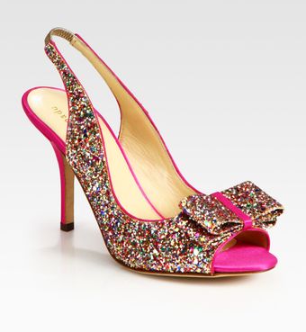  Charm Satin and Glittercoated Leather Slingback Bow Sandals 