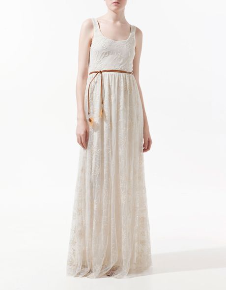 Zara Long Embroidered Dress in Beige (ecru) | Lyst