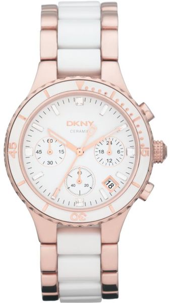 Dkny Womens Chronograph Rose Gold Tone Stainless Steel and White Ceramic Bracelet 38mm in White (rose) - Lyst