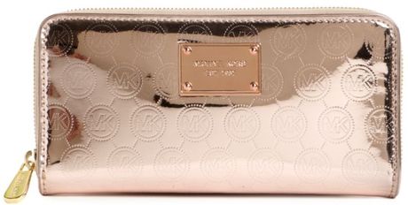 Michael Kors Jet Set Monogram Mirror Metallic Zip Around Wallet in Gold (rose gold) - Lyst
