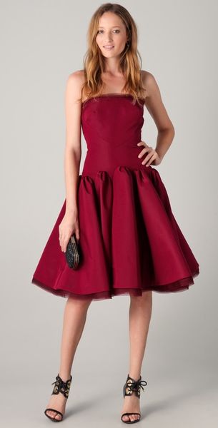 Zac Posen Strapless Dress with Full Skirt in Red - Lyst