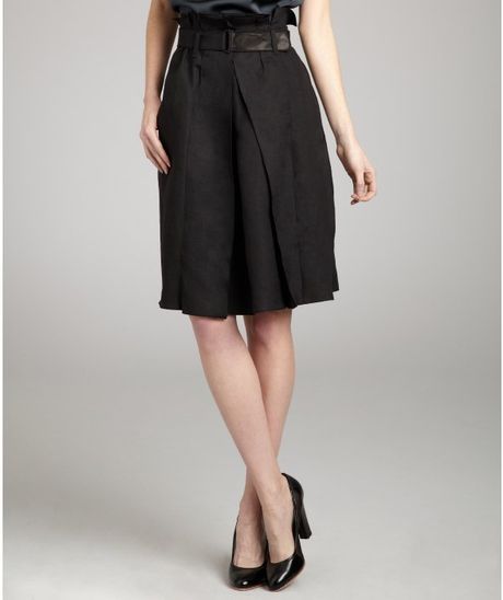 Bottega Veneta Black Twill Pleated Belted Knee Length Skirt in Black - Lyst