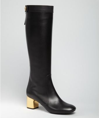 Celine Black Leather Gold Heel Tall Boots - Lyst