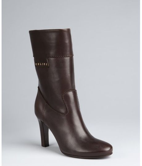 Celine Dark Brown Leather Logo Boots in Brown - Lyst