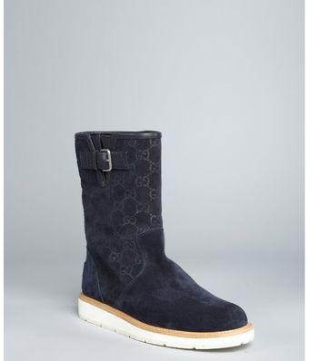  Navy Gg Suede Buckled Boots 