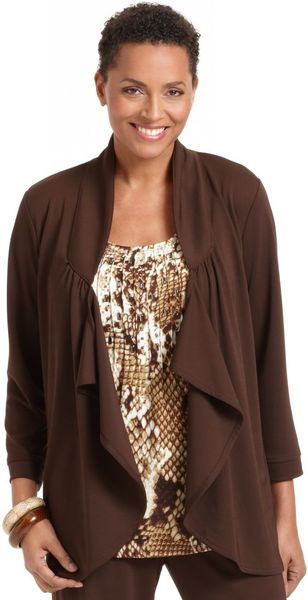 Jones New York Three Quarter Sleeve Draped Open Front Cardigan in Brown - Lyst
