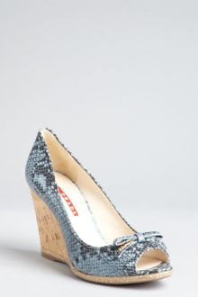 Prada Prada Sport Sky Blue Snakeskin Peep Toe Cork Wedges - Lyst