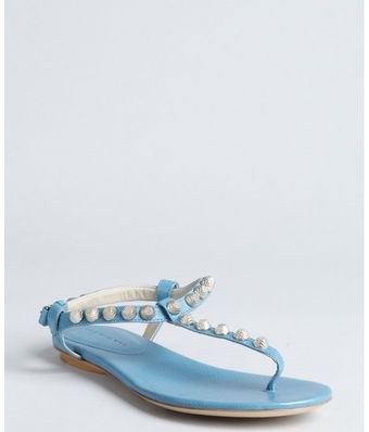  Light Blue Leather Studded Thong Sandals 