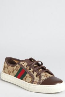 Gucci Beige Gg Canvas and Leather Web Stripe Sneakers - Lyst