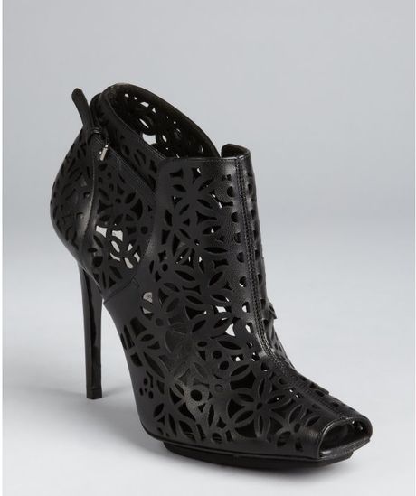 Stella Mccartney Black Faux Leather Floral Cutout Peep Toe Booties in Black - Lyst