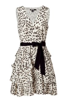 DKNY Beige and Black Belted Silk Dress - Lyst