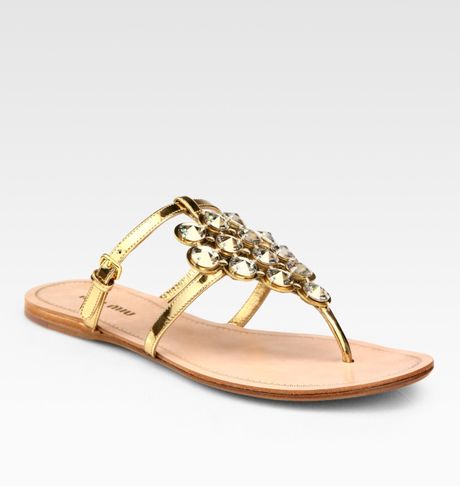 Miu Miu Metallic Leather Jewel Thong Sandals in Gold | Lyst