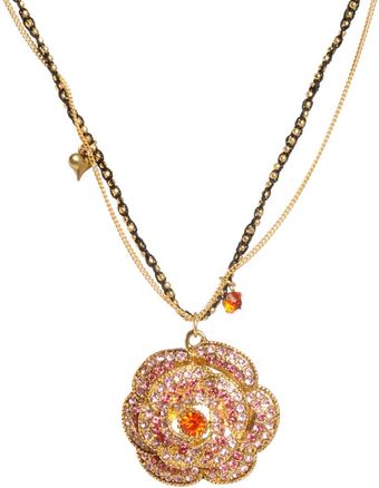 Antique Gold Tone Pave Rose Pendant Necklace 