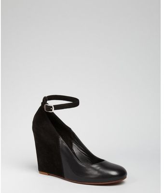  Black Leather and Suede Ankle Strap Wedges 