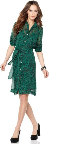 Dkny V Neck Three Quarter Leopard Printed Chiffon Buttoned Tie Shirtdress in Green (leopard) - Lyst