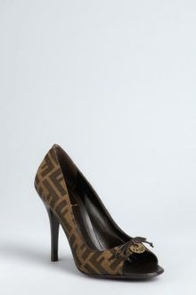 Fendi Tobacco Zucca Bow Charm Peep Toe Pumps - Lyst